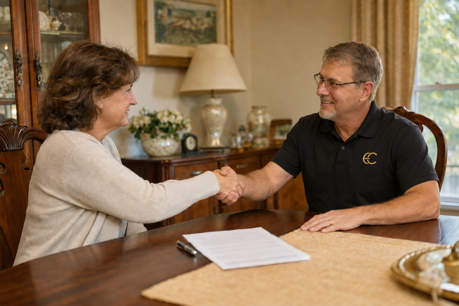 A professional discussing a direct estate buyout with a client