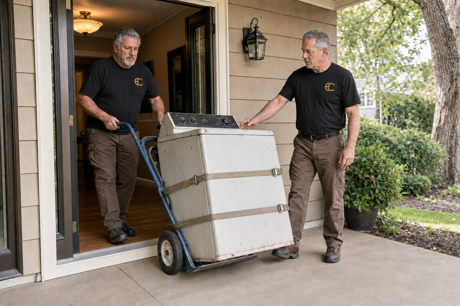 A professional removing an unwanted appliance from a home