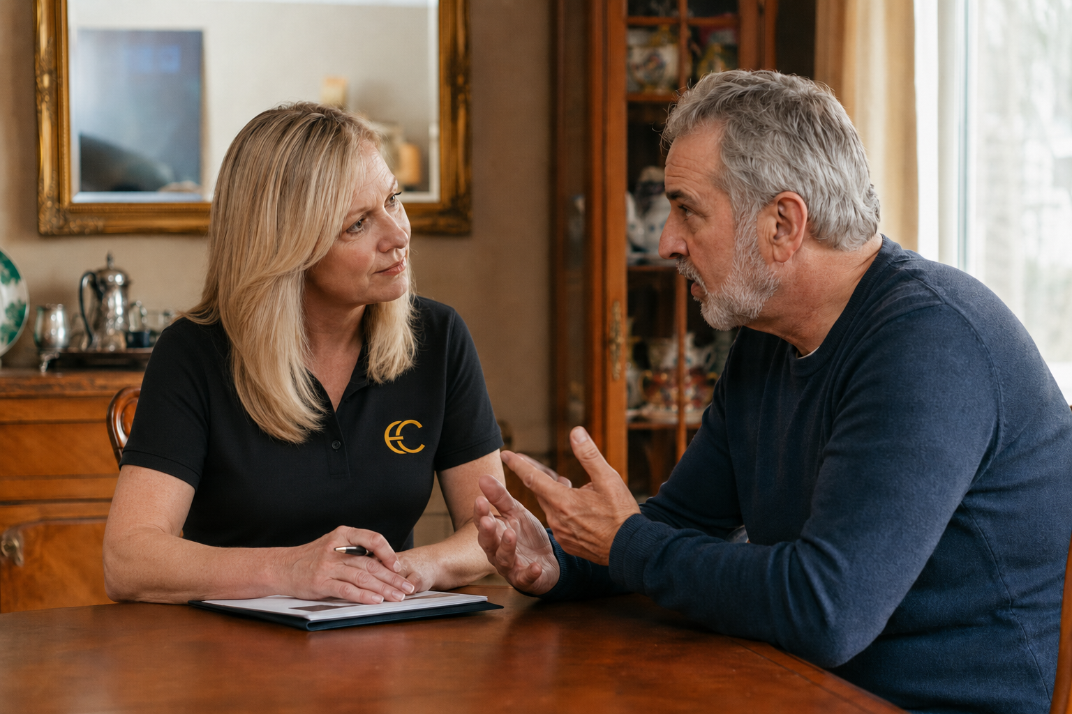 A client sharing his story with an attentive Estate Closeouts professional
